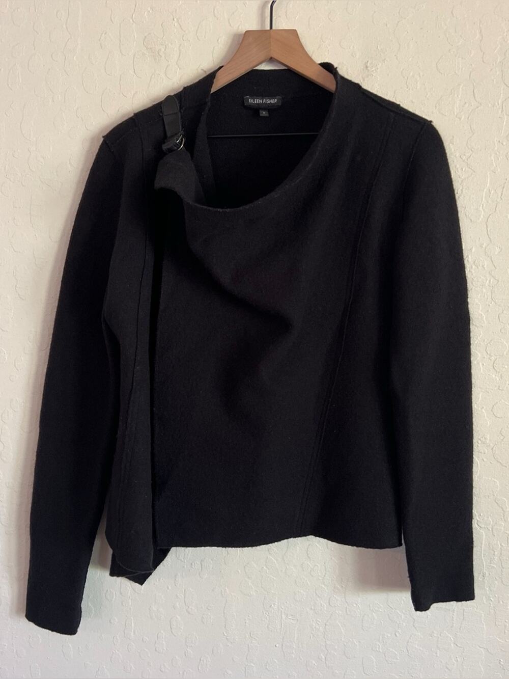 Eileen Fisher 100% Boiled Wool Wrap Front Jacket Small Black Lagenlook Minimal